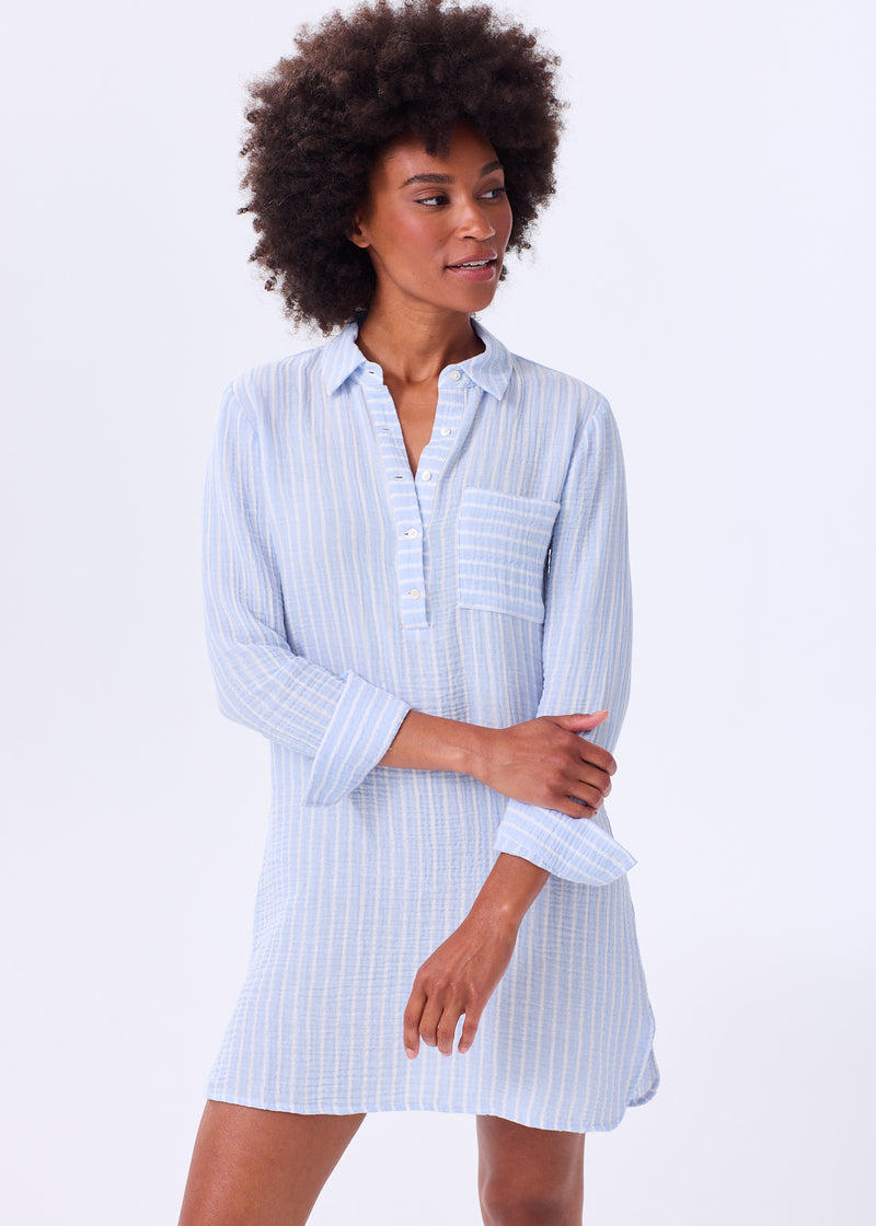 The Organic Cotton Gauze Shirt Dress - Striped - Sale